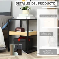HOMCOM Mesa Auxiliar de 3 Niveles Mesita de Noche Estilo Moderno con Encimera de Cristal Estantes de Madera y de Acero para Dormitorio Salón 40x40x55 cm Negro(m-5)