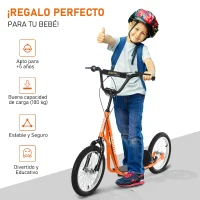 HOMCOM Scooter Patinete para Niños +5 Años y Adolescentes con Manillar Ajustable en Altura 2 Neumáticos de Caucho Inflable con Doble Freno y Ruedas 16" Carga 100 kg 139x58x90-96 cm Naranja(m-4)