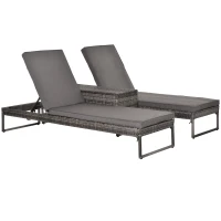 Outsunny dreiteiliges Set Sonnenliege mit verstellbarer Rücklehne Garten Liege Teetisch Flammhemmende Polsterung Metall PE-Rattan Polyester Grau 195 x 60 x 86 cm(m-10)