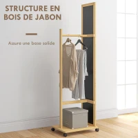 HOMCOM Miroir sur pied avec roulettes et multi-rangements 1 tringle portant 1 étagère inférieure en bois coloris naturel(m-7)