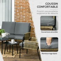Outsunny Salon de jardin en résine tressée modulable 4 pers. 5 pièces avec 1 canapé 2 fauteuils et 2 tables basses rondes sable(m-4)