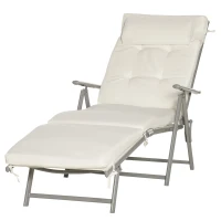 Outsunny Sun Lounger Steel Frame Outdoor Folding Chaise Texteline Lounge Chair Recliner with Headrest & 7 Levels Adjustable Backrest, Cream White(m-11)