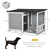 PawHut Hundehütte aus Massivholz, mit 2 Fressnäpfen, Veranda, wetterbeständig, 103 cm x 62 cm x 66 cm, Grau + Weiß(m-3)