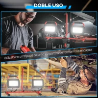 HOMCOM Foco LED Doble con Trípode Plegable 8500 Lúmenes IP65 6500K y Cabezas Ajustables para Trabajo Interior y Exterior Rojo(m-5)