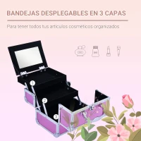 HOMCOM Maletín Maquillaje Profesional Estuche de Cosmético Portátil con Bandejas de 3 Niveles y Espejo 2 Llaves para Joyero Manicura Viaje 20x15x15 cm Rosa(m-4)