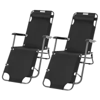 Outsunny 2 in 1 Folding Sun Lounger Reclining Garden Chair Set of 2 with 2-Level Adjustable Backrest, Outdoor Zero Gravity Recliner Garden Chairs with Head Pillow and Armrests, Black(m-11)