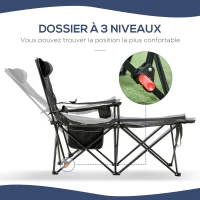 Outsunny Chaise de camping pliable avec repose-pied + Porte-gobelets + coussin appui-tête et sac de transport inclus noir(m-5)
