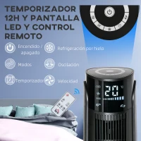 HOMCOM Climatizador Evaporativo 60W Silencioso con Mando 3 Velocidades Oscilación 70° Pantalla LED Táctil 31,5x31,5x107cm Negro(m-8)