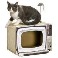 PawHut TV-Shaped Scratching Board with Scratcher, Catnip, Toy Rat, Cat Scratcher for Indoor Cats, 43 x 23 x 32.5cm(m-1)