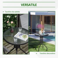 Outsunny Tavolo Rotondo con Piano in Vetro Temperato Tavolino da Giardino Nero, Φ60 x 70cm(m-5)