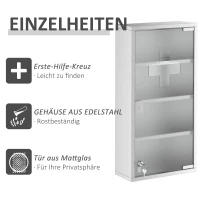 HOMCOM Medizinschrank Arzneischrank aus Edelstahl, Abschließbar Medikamentenschrank mit 4 Fächern, Glastür Apothekerschrank zur Medikamenten-Aufbewahrung, 30 x 12 x 60 cm(m-8)