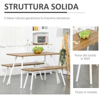 HOMCOM Set Tavolo da Pranzo con 2 Panche in Stile Nordico per Soggiorno, Salotto e Cucina, in MDF e Metallo, Bianco(m-6)