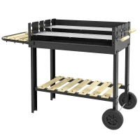 Outsunny Kohlegrill, Grillwagen, 2 Grillflächen, 2 Räder, Griffe, Ablagen, 113 x 53,5 x 82,5 cm, Schwarz(m-1)
