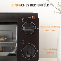 HOMCOM Mini-Backofen, 9 Liter Fassungsvermögen, Einstellbare Temperatur und Garzeit, mit Grillrost und Backblech, Schwarz(m-7)