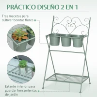 Outsunny Soporte de Metal para Plantas Plegable con 3 Macetas Incluidas y Estante Inferior Porta Macetero Decorativo de Flores para Interiores y Exteriores 47x37x78,5 cm Verde(m-4)
