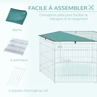 PawHut Parc enclos modulable acier 6 panneaux et 1 porte pour chiens lapins rongeurs petits animaux intérieur extérieur Ø 120 x 60 cm gris métal vert(m-5)