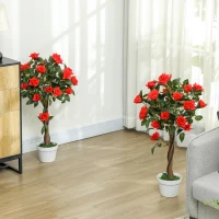 Outsunny Set of 2 Artificial Plants White Rose Floral in Pot, Fake Plants for Home Indoor Decor, 90cm, Red(m-2)