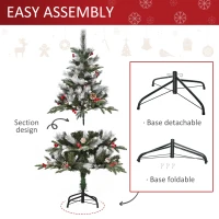 HOMCOM 4FT Artificial Snow Dipped Christmas Tree Xmas Pencil Tree Holiday Home Party Decoration with Foldable Feet Red Berries White Pinecones, Green(m-6)