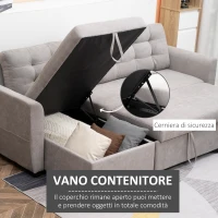 HOMCOM Divano Letto 3 Posti con Chaise Longue Contenitore in Tessuto, 217x134x85cm, Grigio(m-5)