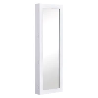HOMCOM Specchio Portagioie da Parete con Ganci e Scompartimenti in Legno, Armadietto Portagioie con Specchio per Orecchini, Collane e Anelli, 37x9.5x112 cm, Bianco(m-10)