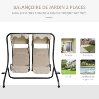 Outsunny Balancelle de Jardin 2 Places indépendantes 2 tablettes Supports Coussins Assise Dossier Grand Confort 1,7L x 1,36l x 1,7H m Acier Noir Polyester Beige(m-4)