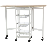 HOMCOM Carrito Auxiliar Plegable Carrito de Cocina con 6 Ruedas 1 Cajón y 3 Cesta de Metal 97,2x37x77,5 cm Blanco y Roble