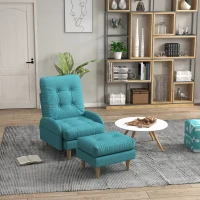 HOMCOM Upholstered Recliner Armchair with Footstool Set, Modern Button Tufted Accent Chair with Adjustable Backrest, Cushions, Wood Legs and Side Pockets for Living Room, Bedroom, Home Study, Blue(m-2)