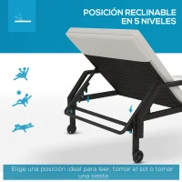 Outsunny Tumbona de Ratán Sintético con Respaldo Ajustable en 5 Posiciones Cojín y Ruedas  73x200x48 cm Crema y Negro(m-4)
