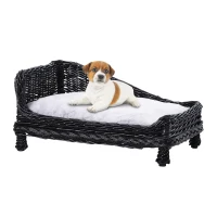 PawHut Cuccia per Animali Domestici Forma Chaise Longue in Vimini Nero Cuscino in Pile 69x42x33cm(m-1)
