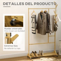 HOMCOM Perchero de Pie de Madera de Bambú con Ruedas Colgador Multifuncional con 6 Ganchos Barra y Estante 100x37x191 cm Natural(m-6)