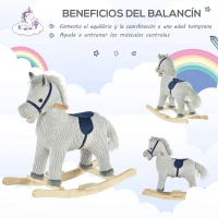 HOMCOM Caballito Balancín Infantil para Niños de +3 Años Caballo Mecedora de Felpa con Sonidos de Relincho y Galope Base de Madera Carga 45 Kg 73x35x64 cm Azul y Rayas Gris(m-6)