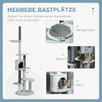 PawHut Kratzbaum mit Deckenspanner, Hängematte, Haus, Plattformen, Spielball, 225-255cm, Grau(m-5)