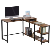 HOMCOM Mesa de Ordenador en Forma de L Escritorio de Oficina Diseño de Esquina con Múltiples Estantes Gran Superficie de Melamina Marco Metálico 130x130x78 cm Nogal(m-10)