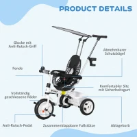 HOMCOM 6-in-1 Kinderdreirad mit Schiebestange, Dach, Gurt, Ablagekorb, für 1-5 Jahre, Weiß(m-7)
