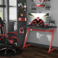 HOMCOM Mesa Gaming Escritorio 122x66x76 cm para Ordenador Tablero de Fibra de Carbono Portavasos Gancho para Auriculares Soporte de Gamepad y 2 Orificios Pasacables Negro y Rojo(m-2)