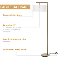 HOMCOM Lampada da Terra Moderna in Metallo e Paralume in Tessuto, Lampada da Lettura E27 47x37x153cm, Oro e Bianco(m-5)