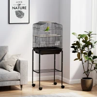 PawHut Bird Cage Budgie Cages for Finch Canary Parakeet with Stand Wheels Slide-out Tray Accessories Storage Shelf, Black(m-2)