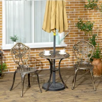 Outsunny 3 Piece Cast Aluminium Garden Bistro Set for 2 with Parasol Hole, Outdoor Coffee Table Set, Two Armless Chairs and Round Coffee Table for Balcony, Patio, Bronze(m-10)