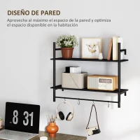 HOMCOM Estante de Pared de 2 Niveles Estante Flotante con 4 Ganchos 2 Estantes y Marco de Acero 80x24x65 cm Negro(m-6)