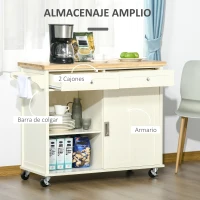 HOMCOM Carrito de Cocina Multifuncional con Ruedas 2 Puertas Correderas 2 Cajones y Barra de Colgar 110x49,5x89,5 cm Crema(m-4)