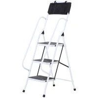 HOMCOM Escalera Plegable de 3 Peldaños Escalera de Tijera con Apoyabrazos y Portaherramientas 51x66x131 cm Blanco y Negro(m-9)