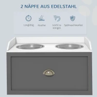 PawHut Futterstation Erhöhte Fressnäpfe 1 Stauraum 2 Edelstahl-Futternäpfe, 60 x 30 x 42 cm, Weiß(m-6)