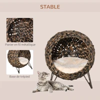 PawHut Panier chat lit surélevé chat cosy niche grotte grand confort dim. Ø 52 x 58H cm coussin moelleux beige inclus résine tressée imitation rotin marron(m-4)