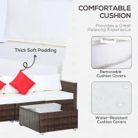 Outsunny 6 Pieces Rattan Garden Furniture Set, 5 Seater Sectional Garden Corner Sofa Set with Glass Top Coffee Table, Cushions and Pillows, All-Weather Wicker Conversation Furniture, Cream White(m-5)