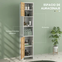 HOMCOM Mueble Auxiliar de Baño con Estantes Ajustables y Puertas de Bambú Anti-vuelco 35x30x170 cm Blanco y Natural(m-4)