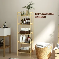 HOMCOM 5-Tier Bamboo Bathroom Storage Shelf, Freestanding Shelving Unit with Adjustable Rack for Kitchen Bathroom Living Room, Natural Wood Finish(m-7)