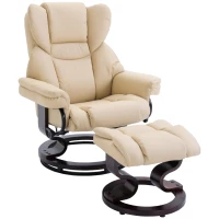 HOMCOM 360° Swivel Recliner Chair with Footstool, PU Leather Manual Recliner Armchair with Footstool, Solid Wood Base, Upholstered Reclining Chair for Living Room, Bedroom, Office, Cream(m-11)