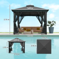 Outsunny 3 x 3m Garden Gazebo Patio Party Tent Shelter Outdoor Canopy Double Tier Sun Shade with Metal Frame and Netting, Dark Grey(m-3)