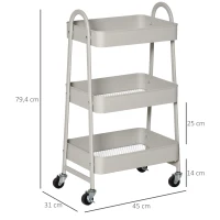 HOMCOM Carrito Auxiliar con Ruedas Carro de Almacenaje de 3 Niveles para Baño Salón Cocina Oficina 45x31x79,4 cm Gris(m-3)