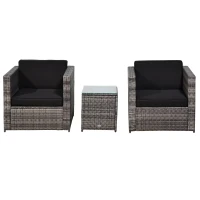 Outsunny 3 Pieces Rattan Bistro Set, Wicker Garden Furniture Set with Glass Top Coffee Table and Chairs, Thickened Washable Cushions for Outdoor, Patio, Balcony, Grey(m-11)